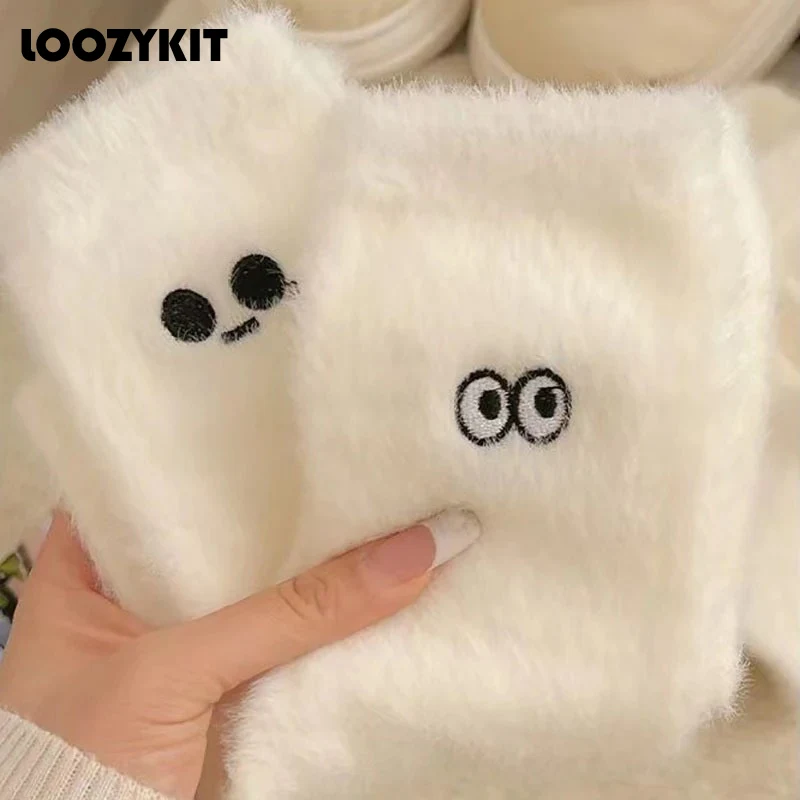 

1pairs Women White Cozy Mink Velvet Socks Winter Hosiery Thicken Warm Solid Color Sleep Bed Floor Home Fluffy Socks Harajuku