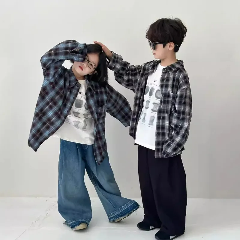 Autumn sibling clothes Korean style Boys and girls Flocking plaid shirts Children's casual all-match loose long sleeve Tops