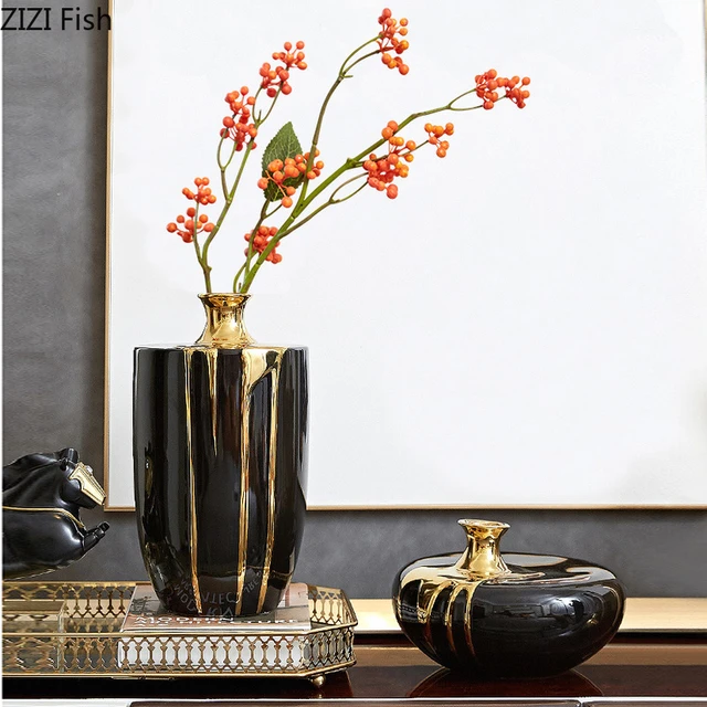 Moderno Vaso Di Ceramica di Lusso di Fiori Secchi Decorazione Floreale Nero  Oro Vaso di Soggiorno