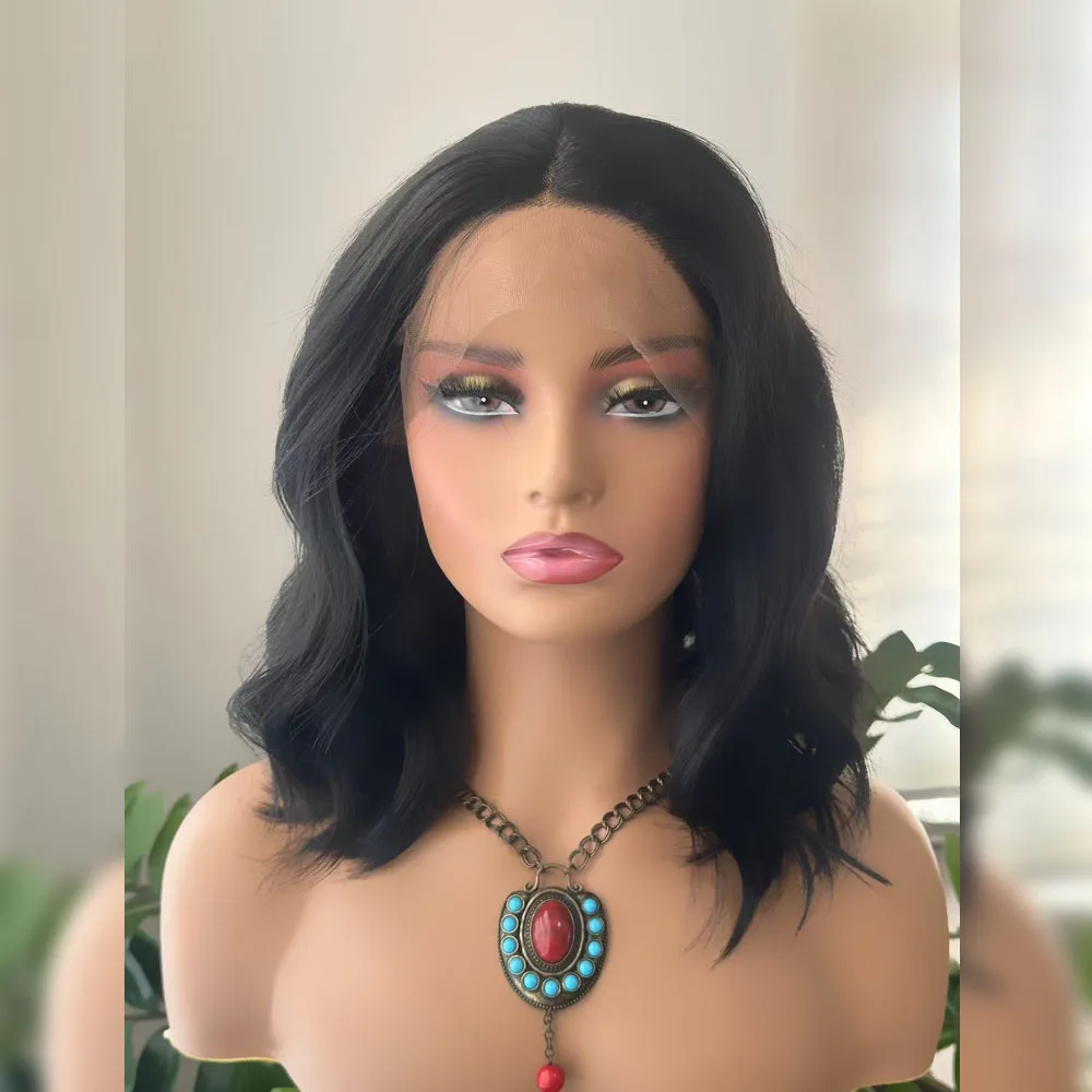 

RONGDUOYI Short Bob Black Hair Synthetic Wigs Shoulder Length Natural Wave Glueless Middle Part Lace Front Wig Women Daily Use