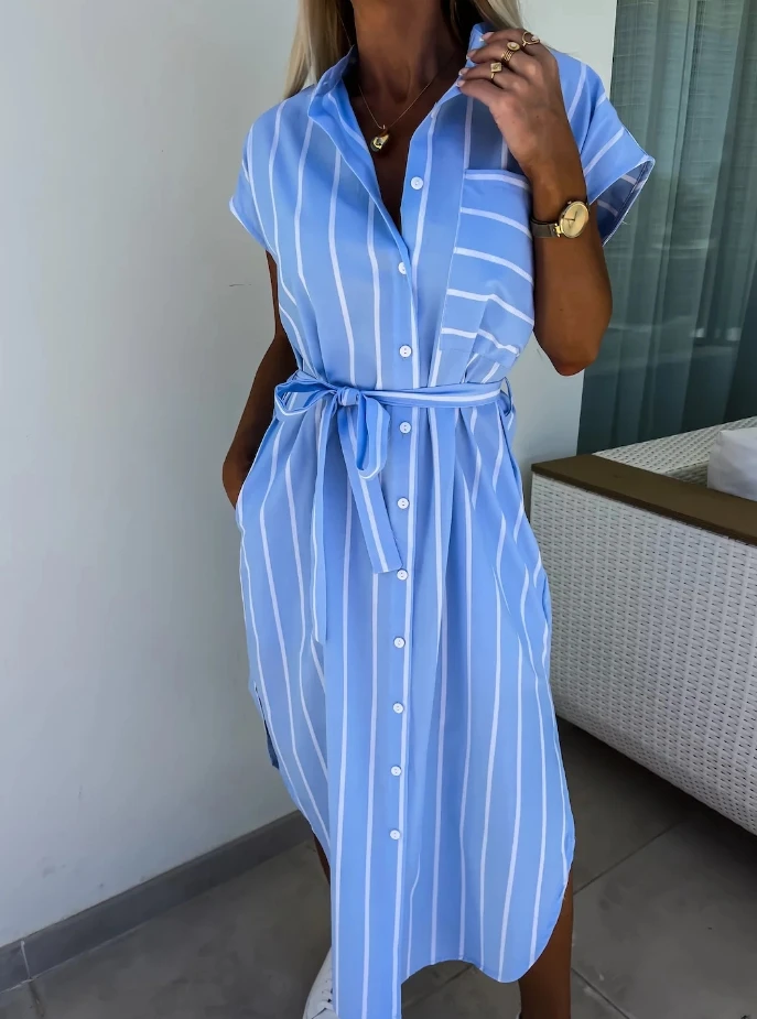 

Women's Casual Summer Dress Temperament Commuting Long Striped Shirt Sleeveless Large Hem Dress