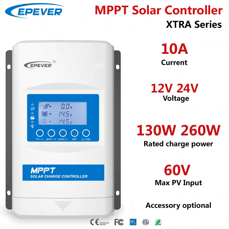 

XTRA1206N EPEVER 10A MPPT Solar Charge Controller 12V24V Auto Max PV 60V Solar Panel Charger Regulator Off Grid 130W 260W