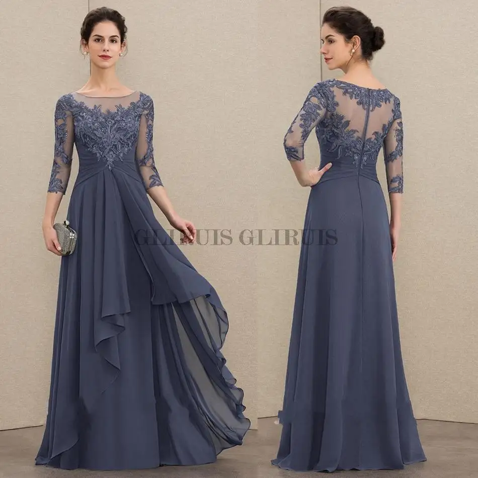 

A-Line Scoop Neck Floor-Length Chiffon Lace Mother of the Bride Dresses With Cascading Ruffles Plus Size Mother Gowns