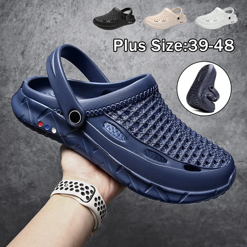 Wysokiej jakości męskie sandały kapcie plażowe letnie jasne oddychające buty z otworami Casual buty ogrodowe Plus rozmiar 39-48