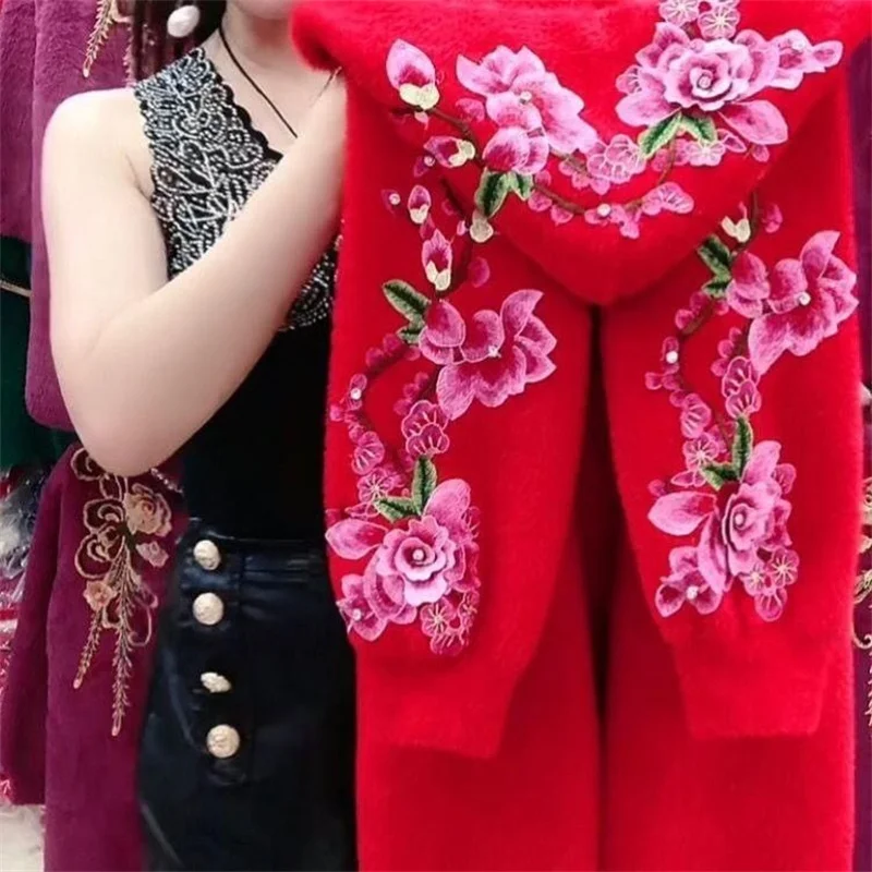 패션 어머니 모피 자켓 봄 6XL 2023 가을 겨울 새로운 모조 밍크 벨벳 코트 여성 후드 수 놓은 양모 두꺼운 코트