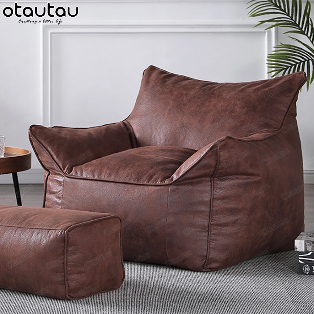 OTAUTAU 2-seat Retro Faux Leather Bean Bag Sofa Cover Without Filler  Sectional Beanbag Couch Sofa Bed Chaise Lounger DD11FGP1T