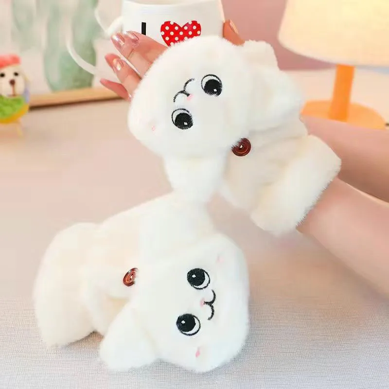 여성용 귀여운 겨울 봉제 고양이 장갑, 손가락 없는 장갑, 사랑스러운 봉제 따뜻한 장갑, 부드럽고 두꺼운 장갑, 여자 반 손가락 장갑