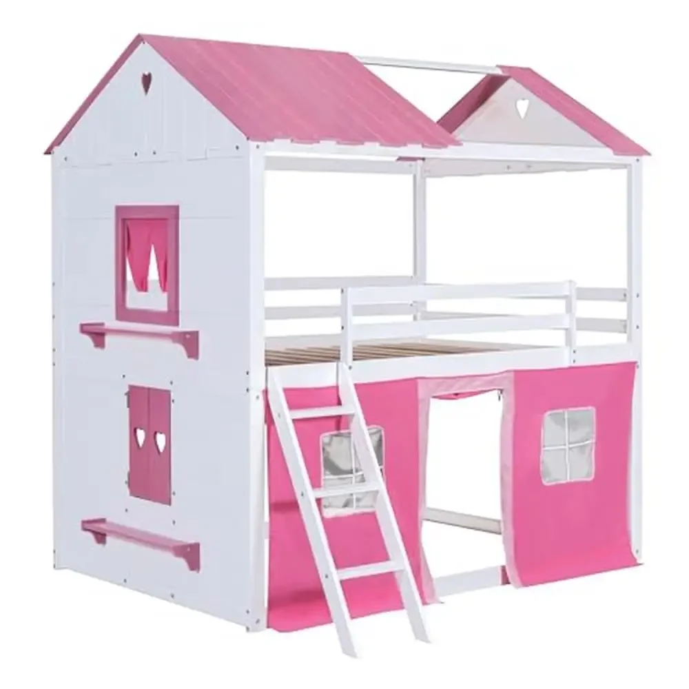 Kids Loft Bunk Bed House Twin with Tent Ladders Guardrail Windows Playhouse Wood Twin Over Twin Loft Bed Creative Design Storage 5