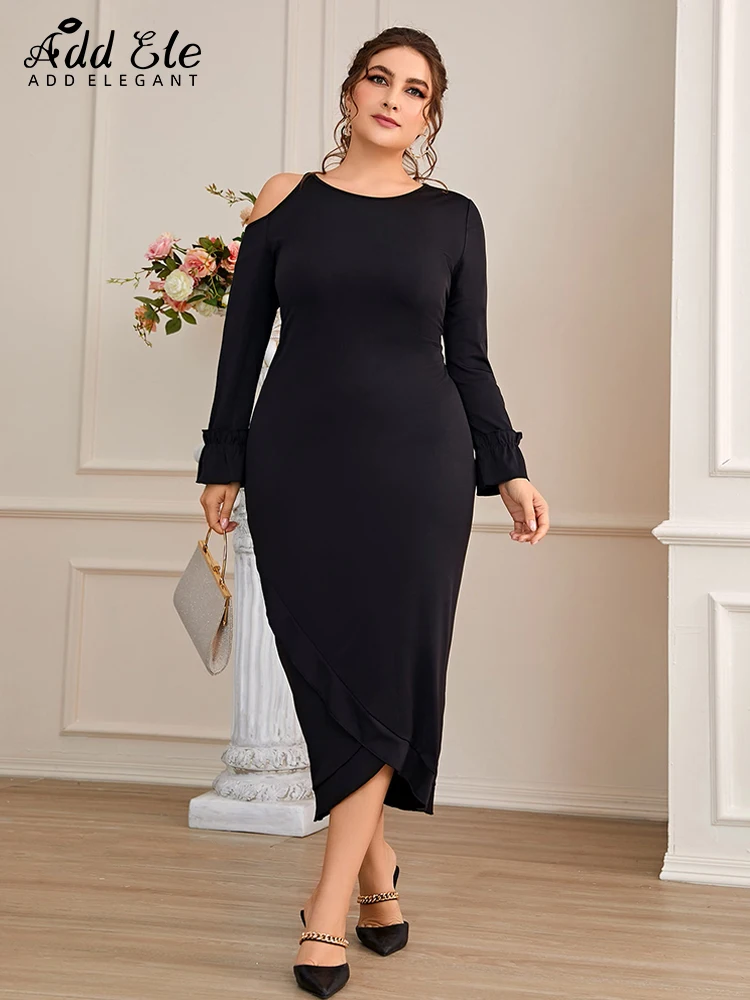 

Add Elegant Plus Size Pencil Dress Women 2022 Autumn O-Neck Off the Shoulder Stylish Long Sleeve Tierred Design Clothing B1103