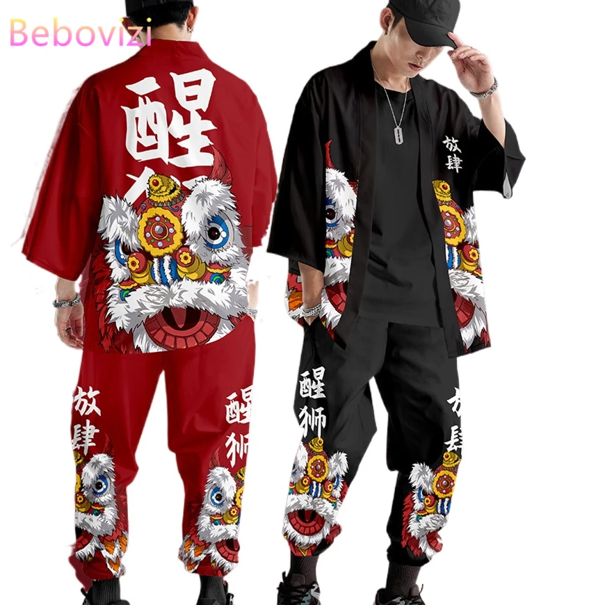 2pcs Suit Plus Size XS-6XL Loose Chinese Style Japanese Samurai Harajuku Kimono Cardigan Women Men Cosplay Yukata Tops Pants Set |