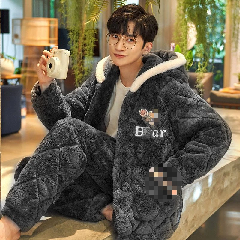 Hooded Pajamas Male Wintertime Extremely Thick Warm Coral Fleece Three Layers of Cotton Flannel Loungewear Set Pajamas for Men