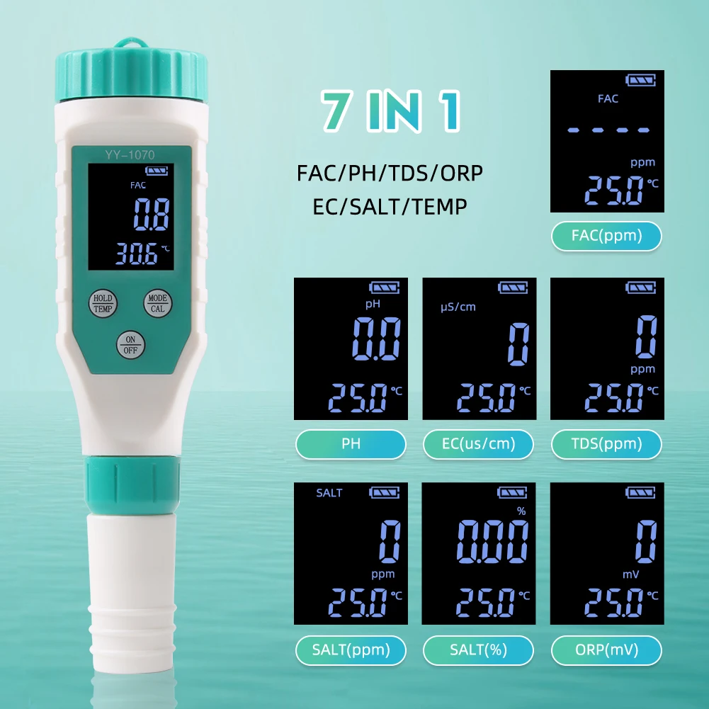 Digital Chlorine Meter PH Tester 7 In 1 SALT/ ORP/ TDS/EC/TEMP Tester CL Water Quality Analyzer for Swimming Pool Hot Spring