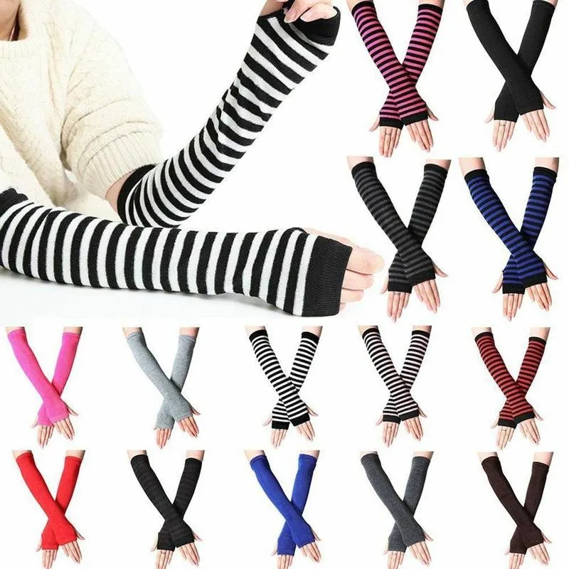 Unisex Long Fingerless Gloves Arm Cover Striped Cotton Wrist Sleeves Arm Warmer Sleeve Knitted Womens fingerless gloves half finger gloves cotton gloves