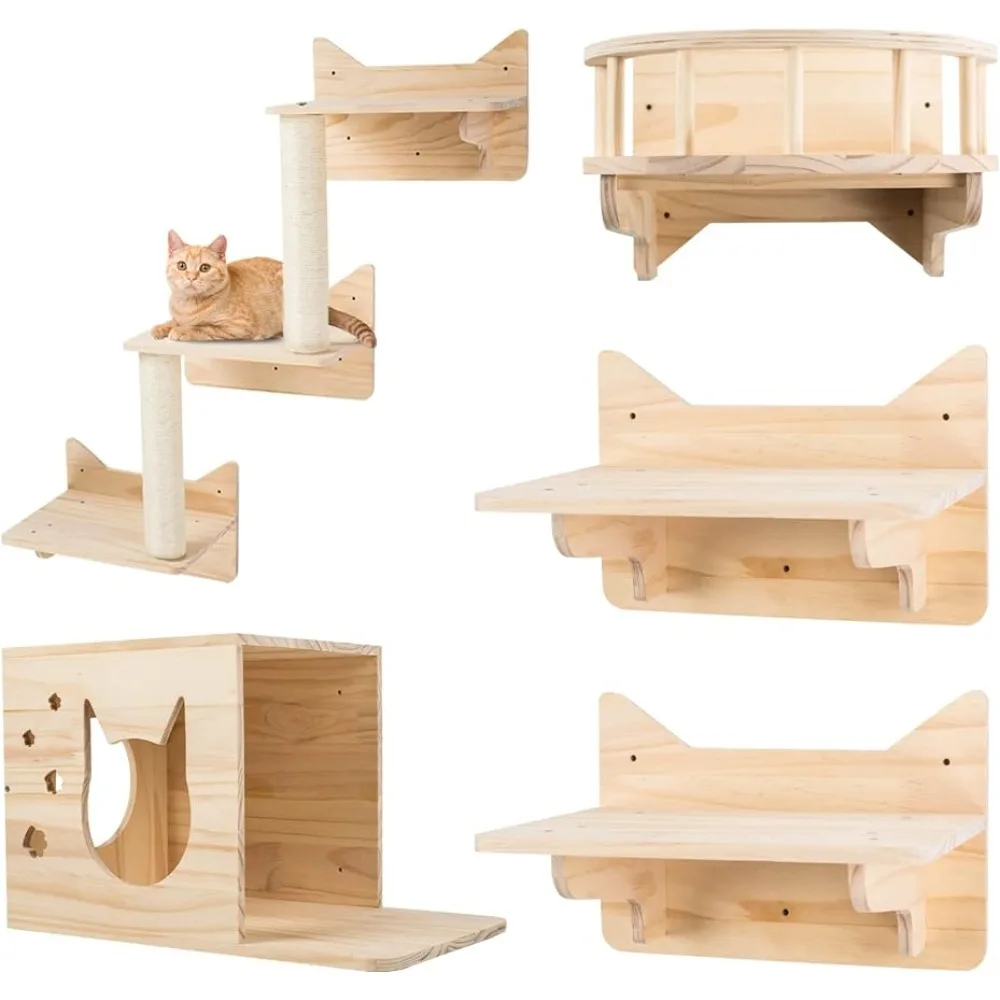 

MIUZMORE Pine Cat Wall Frame for Climbing, Set of 5 Furniture, , Sisal Post Ladder, Steps and Travel Platform