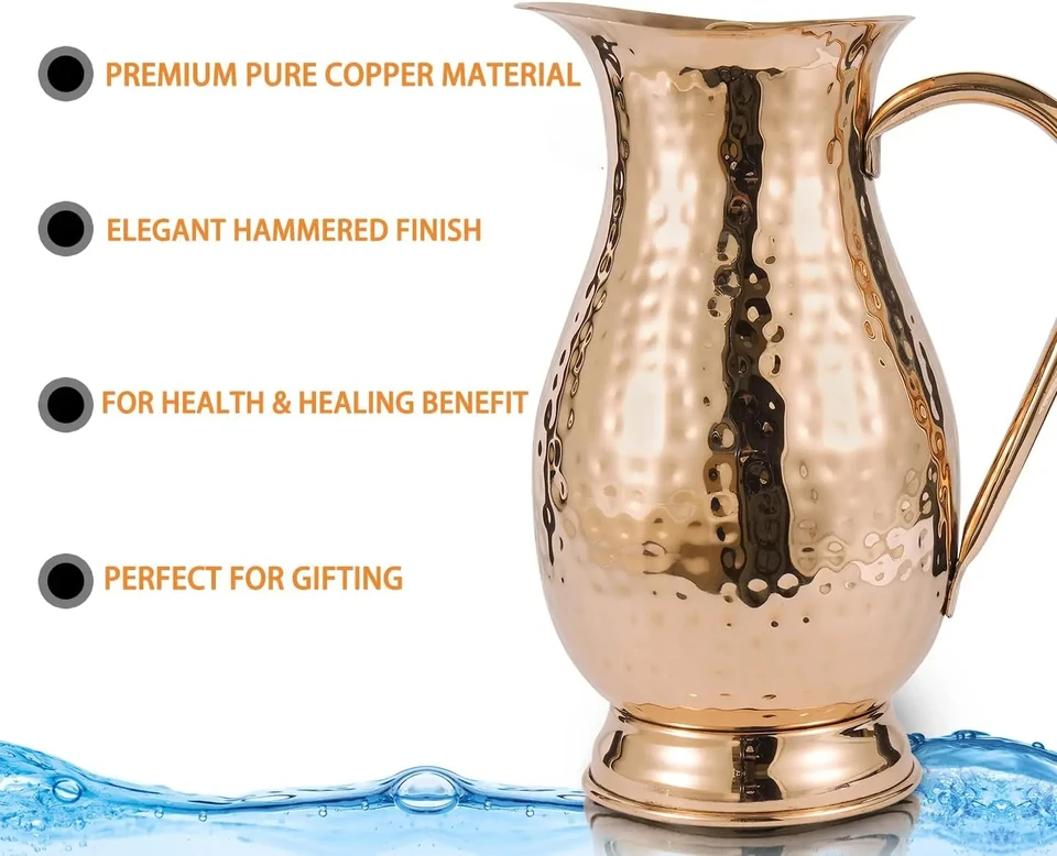 Pichet à Eau En Cuivre Pur 1,5 L - Bienfaits Ayurvédiques, Design Martelé Artisanal, Pour Une Eau Alcaline Et Fraîche
