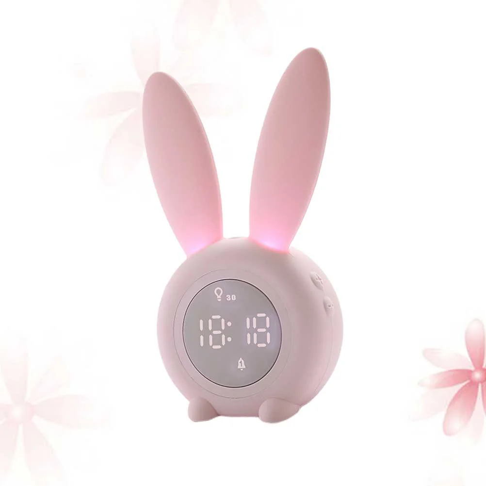 Pink Alarm Clock Table Silicone Charge Student Cartoon Rabbit Shaped Easy Time Setting 4