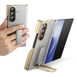 Eary TriFold Phone Case with 360° Rotate Magnetic Grip and Leather Kickstand for Samsung Galaxy Z TriFold (Silver)