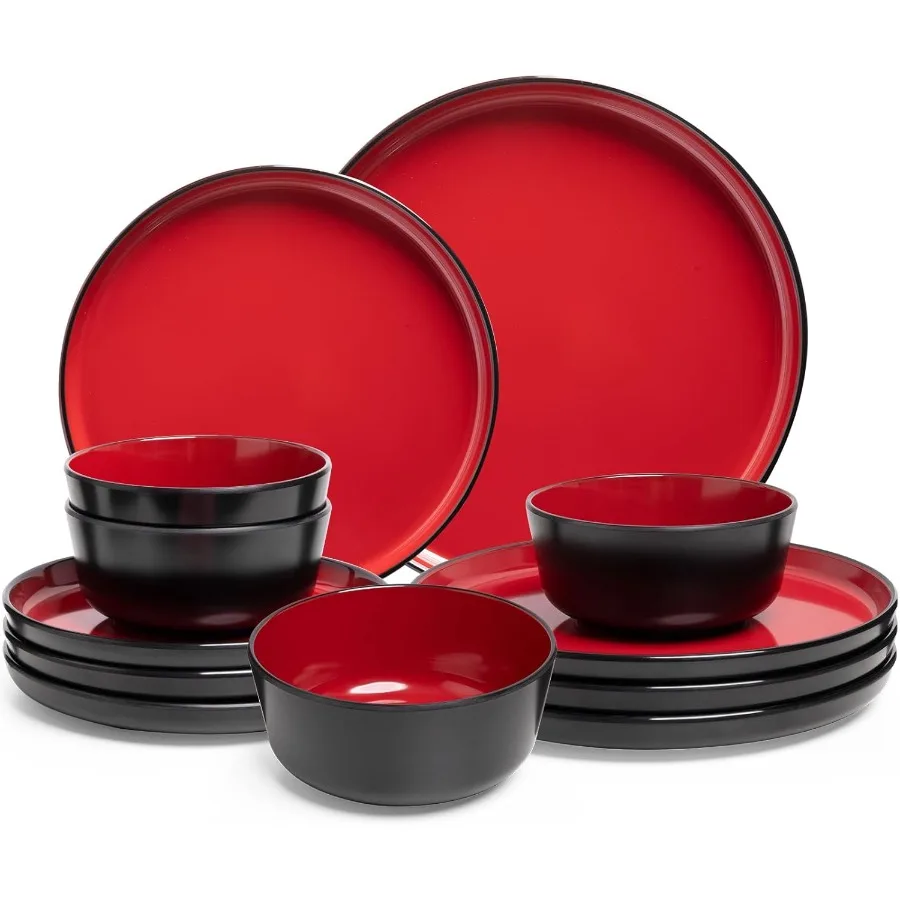 12-piece Dinnerware Sets for 4-Dinner Plates Dessert Plates Cereal Bowls Lightweight Melamine and Bowls Sets RV Kitche