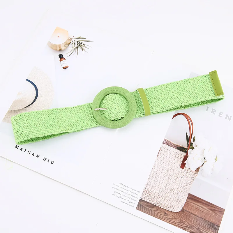 

New Korean Style Cotton Linen Colorful PP Grass Woven Belts Women's Round Square Buckle Dress Long Shirts Decorative Wide Belt