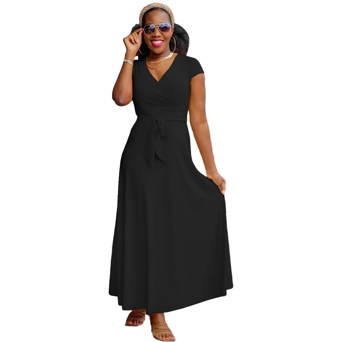 

Long African Maxi Dress Women V Neck Lace Up High Waist Robes 2023 Summer New Solid Elegant Streetwear African Dresses Vestidos