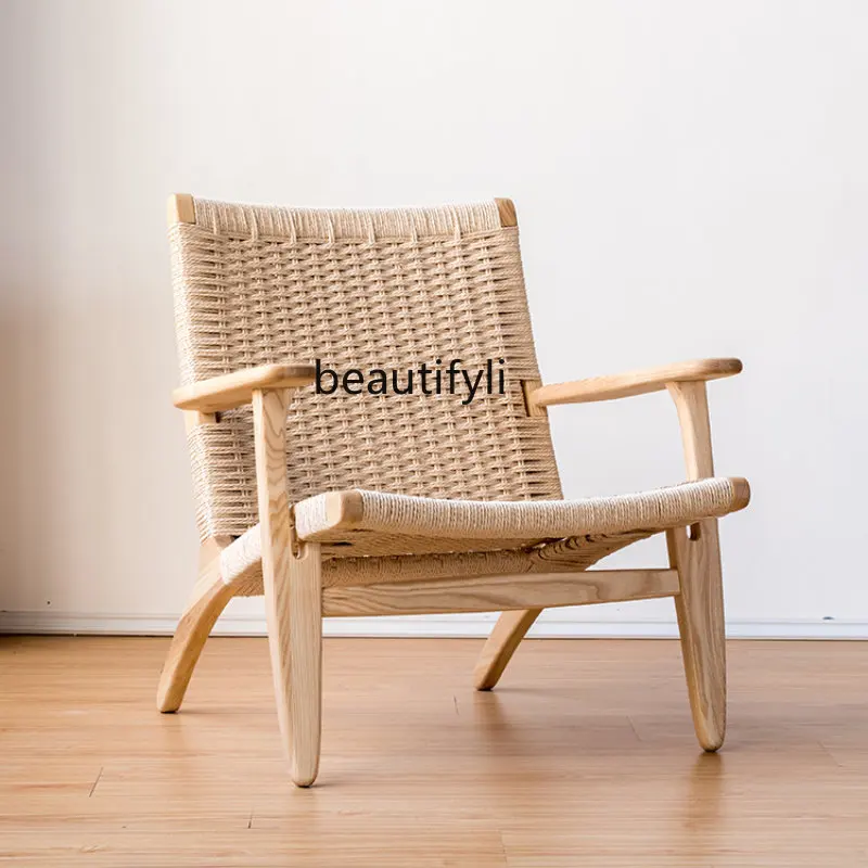 

yj Japanese Style Braid Rope Single-Seat Sofa Chair Wooden Lounge Chair Balcony Chair Nordic Retro Wooden Chair