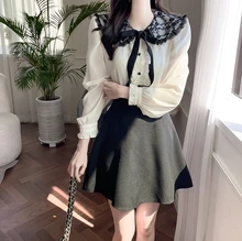 

Sweet Lady Shirt Women Idyllic Style Link Flower Lace Peter Pan Doll Neck Tie Lace Ruffled Long Sleeve Vintage Mujer Shirt Top