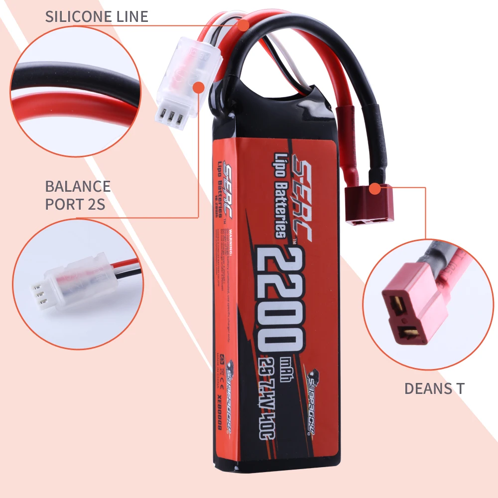 SUNPADOW 2S Lipo Battery for 7.4V40C 2200mAh Soft Pack with Deans T Plug for RC Vehicles Car Truck Tank Boat Truggy Buggy Racing