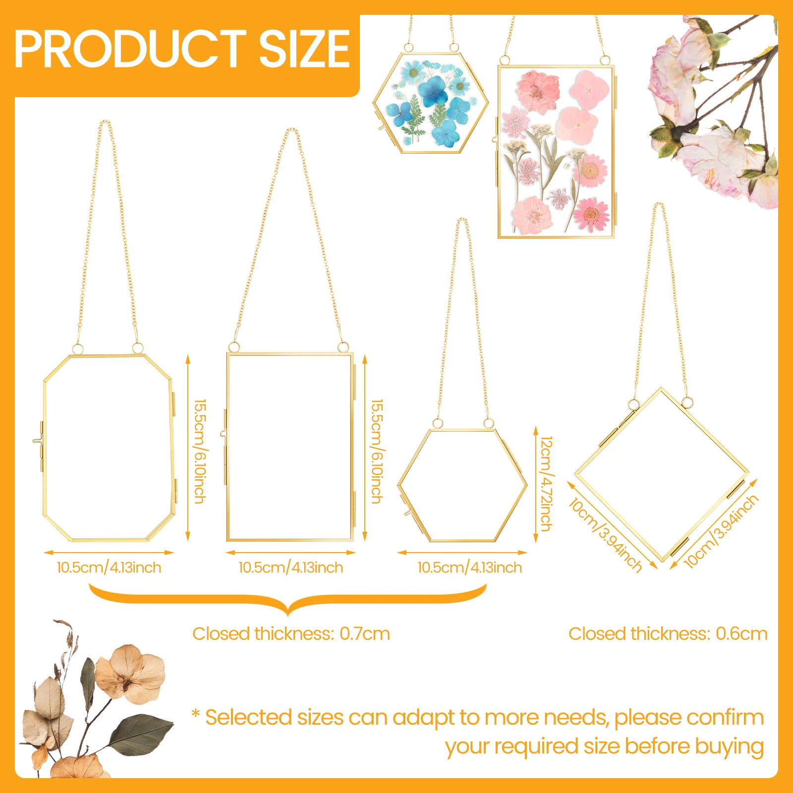 4Pcs Double Glass Frame with Chain Hanging Picture Frame Flower Pressed Dried Flowers Glass Frame Wall Decor