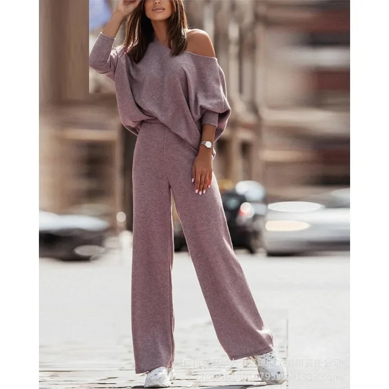 

Trousers Sloping Shoulder Long-Sleeved Trend Strapless Skew Neck Top Tshirt Women Two Piece Sets Trousers Tshirt 2-Piece Set