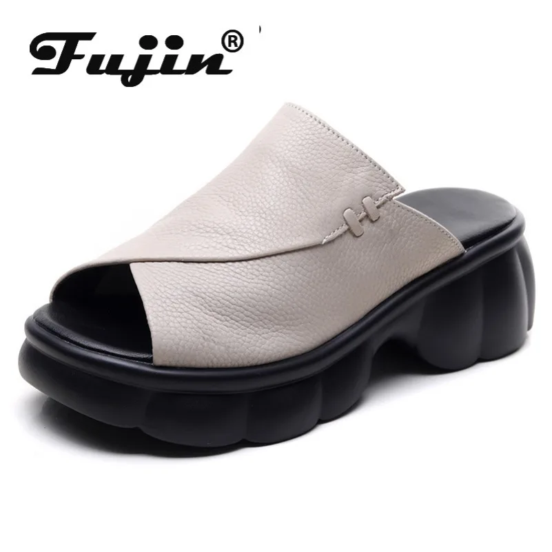 

Женские туфли с открытым носком Fujin, белые легкие туфли из натуральной бычьей кожи на гибкой платформе, без застежки, на плоской резиновой подошве, летний сезон