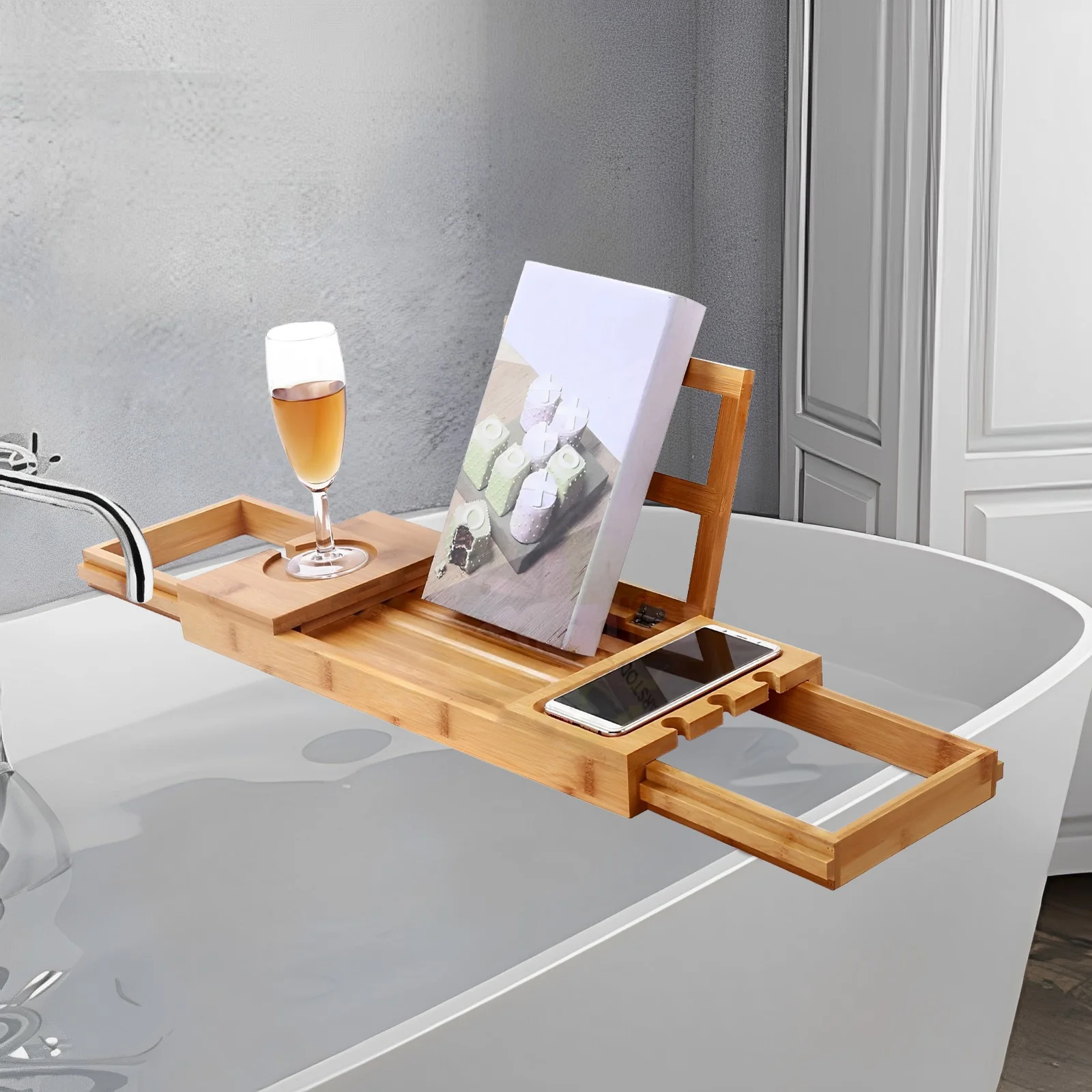 Plateau De Bain Extensible En Bambou Avec Support Pour Verre à Vin, Plateau De Salle De Bain, étagère De Bain Au-dessus De La Baignoire, Accessoires De Baignoire De Luxe Réglables Pour La