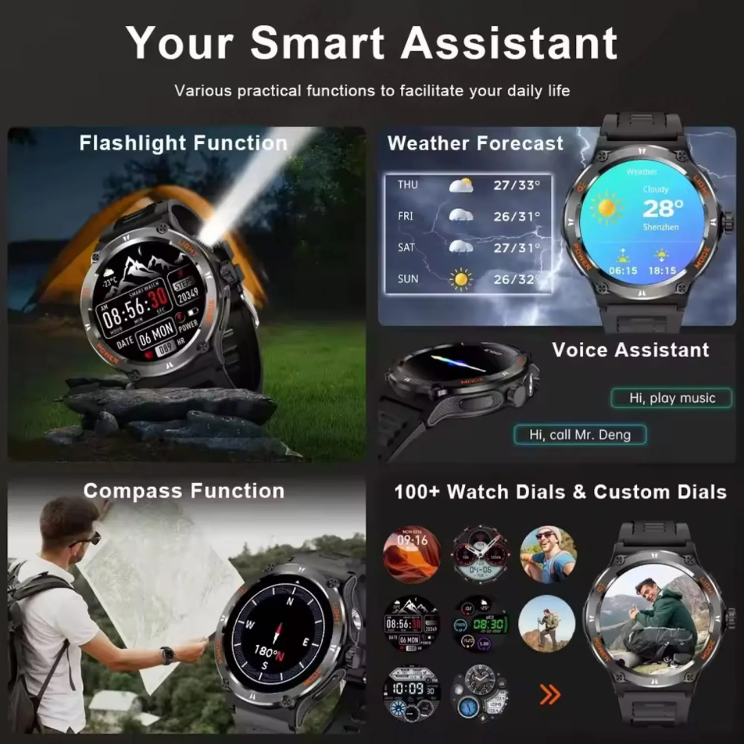 New Men's Smart Watch Compass  Sports 3ATM Waterproof Smartwatch Health Monitoring Bluetooth Call 500Mah LED Smart Watche 2025