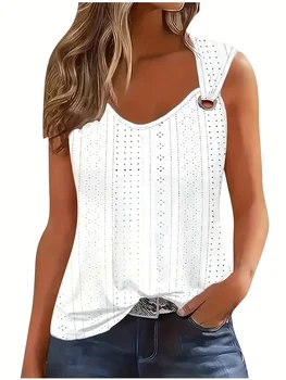 Women's Eyelet Embroidery Tank Top Symmetrical Straps with Buckle V Neck Casual Sleeveless Cami Tops 1