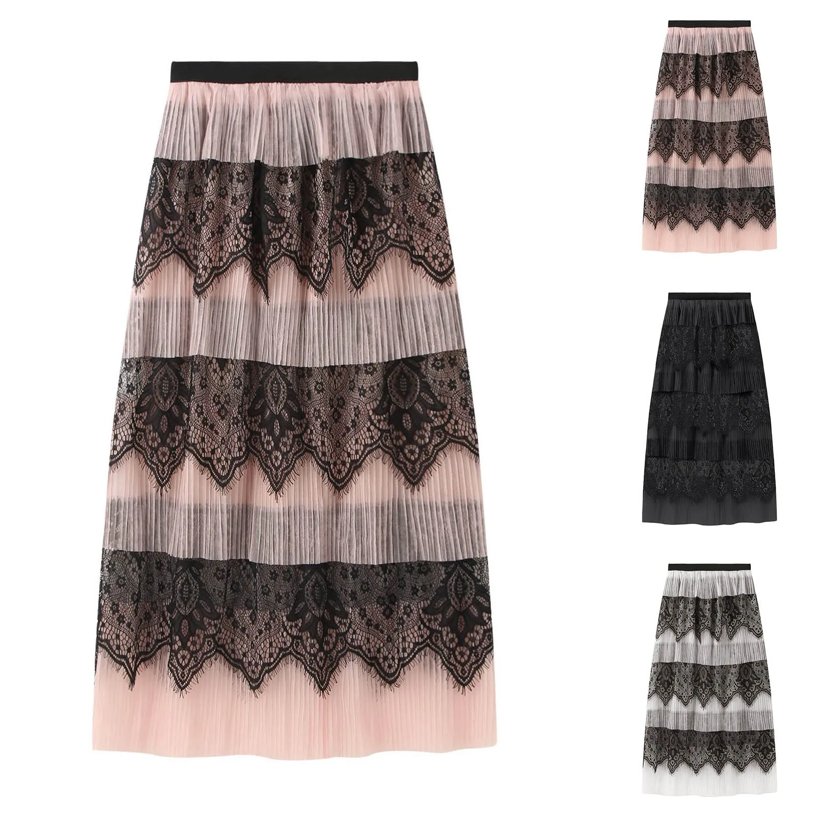 

Spring Summer Pleated Skirt Mesh Splicing Lace Edge Cake Skirt High Waist Slim Mid Length Over The Knee Skirt Skirt