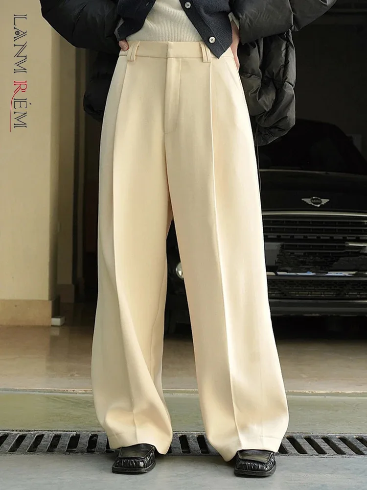 

[LANMREM] Minimalism Thick Warm Pants For Women Solid High Waist Wide Leg Trousers Fashion Clothing 2023 Winter New 26D7224