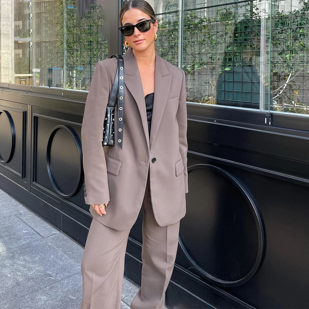 Fashion 2023 Spring Brown Office Lady Woman Suit Loose Lapel Blazer+High Waist Wide Leg Pants Single Buttons Vintage 2 Piece Set