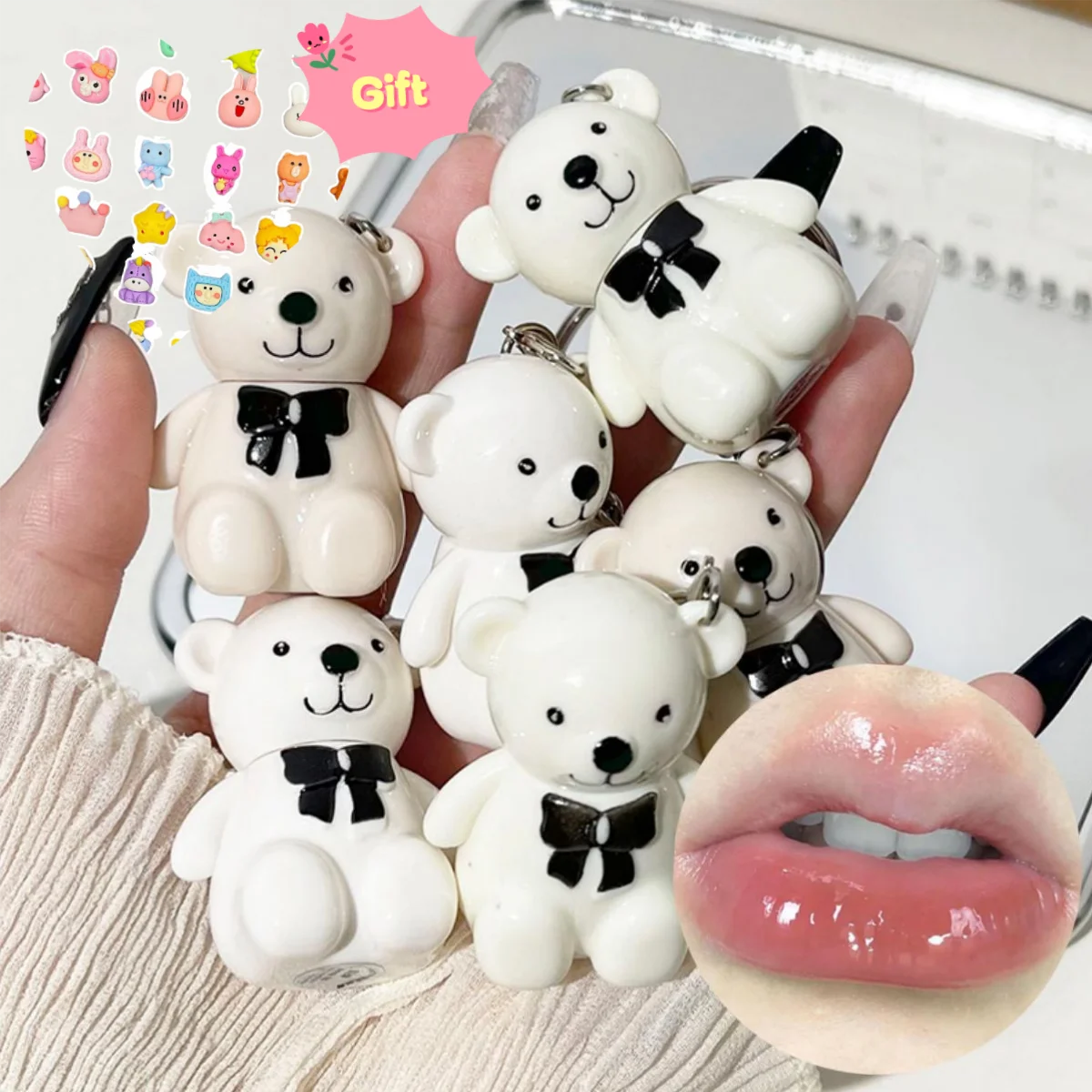 Bear Mirror Glass Lip Gloss Water Light Stain Rossetto Portachiavi Lip Glazes Waterproof Matte Lip Makeup Cosmetico A Lunga Durata