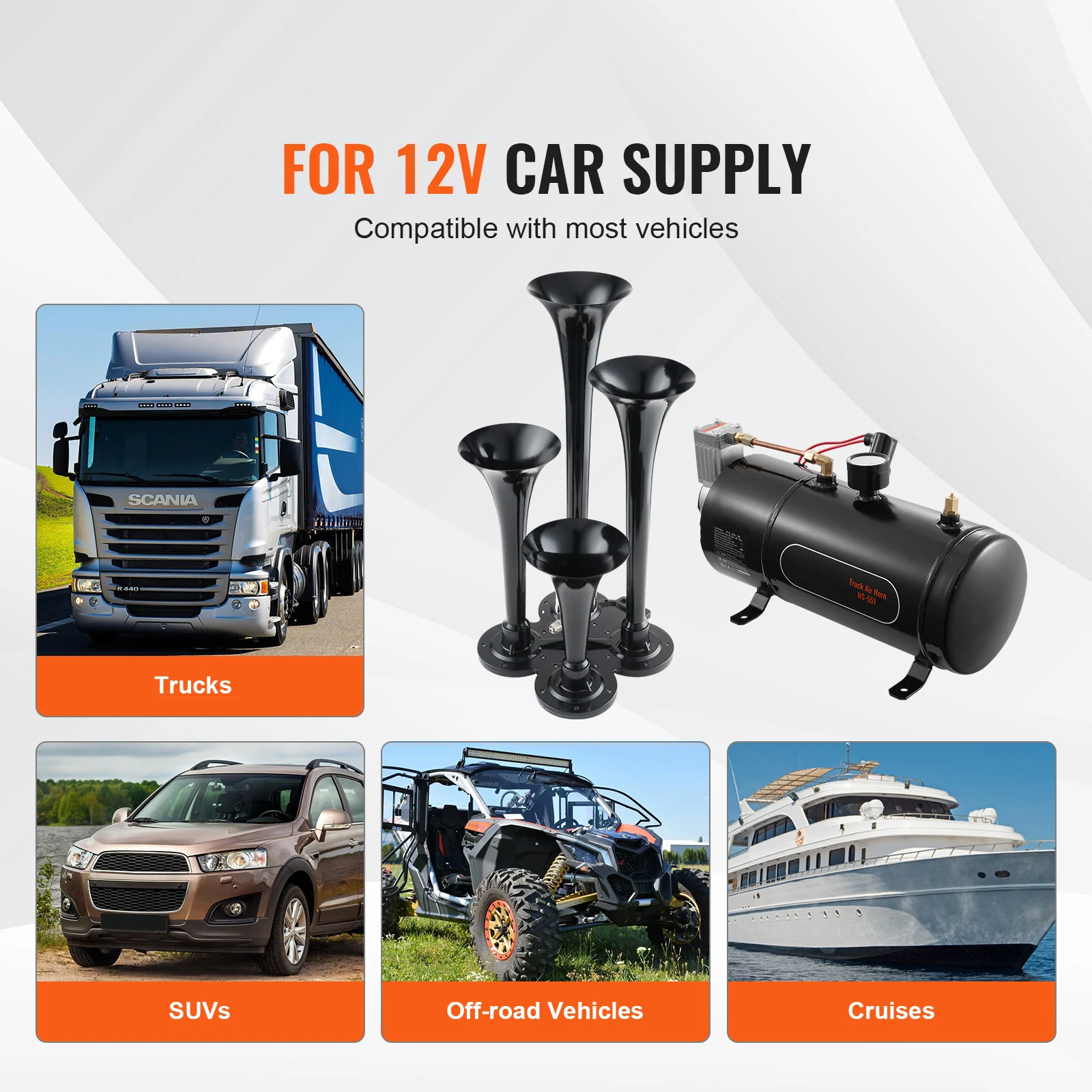 SucceBuy Train Horns Kit, 4 Trumpet Air Horn Kit, 150dB Train Horns for Pickup Trucks 12V 120 psi Air Compressor for Truck Train