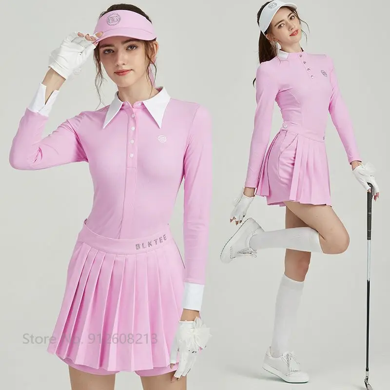 

Blktee Новая Осенняя женская рубашка с длинным рукавом, женская тонкая футболка для гольфа, Женская плиссированная юбка с высокой талией, комплект с юбкой