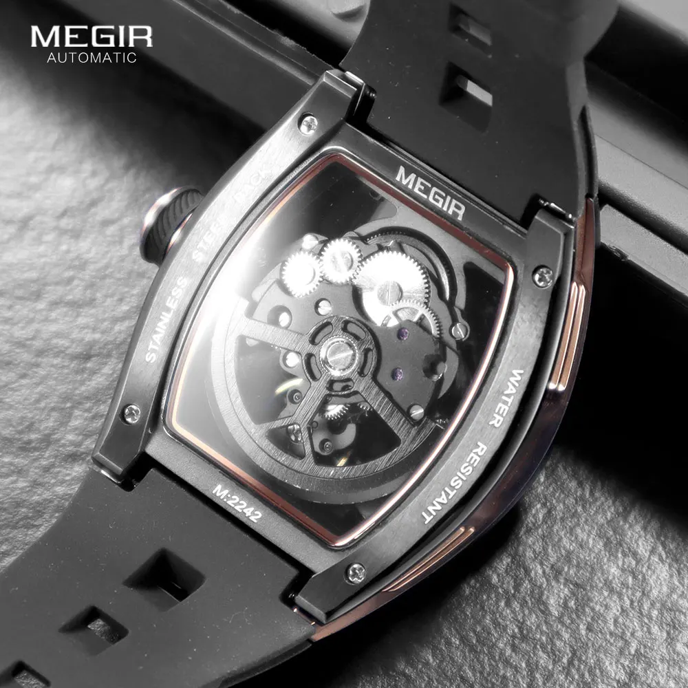 Megir 自動巻き 白 スケルトン 腕時計 ケースサイズ約42mm Megir-メンズ自動機械式スチールケース腕時計、スポーツ