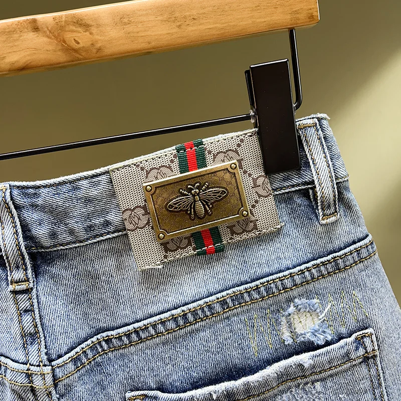 2024 Summer New Street Fashion Flap Demin Men's Patchwork Grunge Men's Denim Shorts Heavy Duty Washed Blue Pants