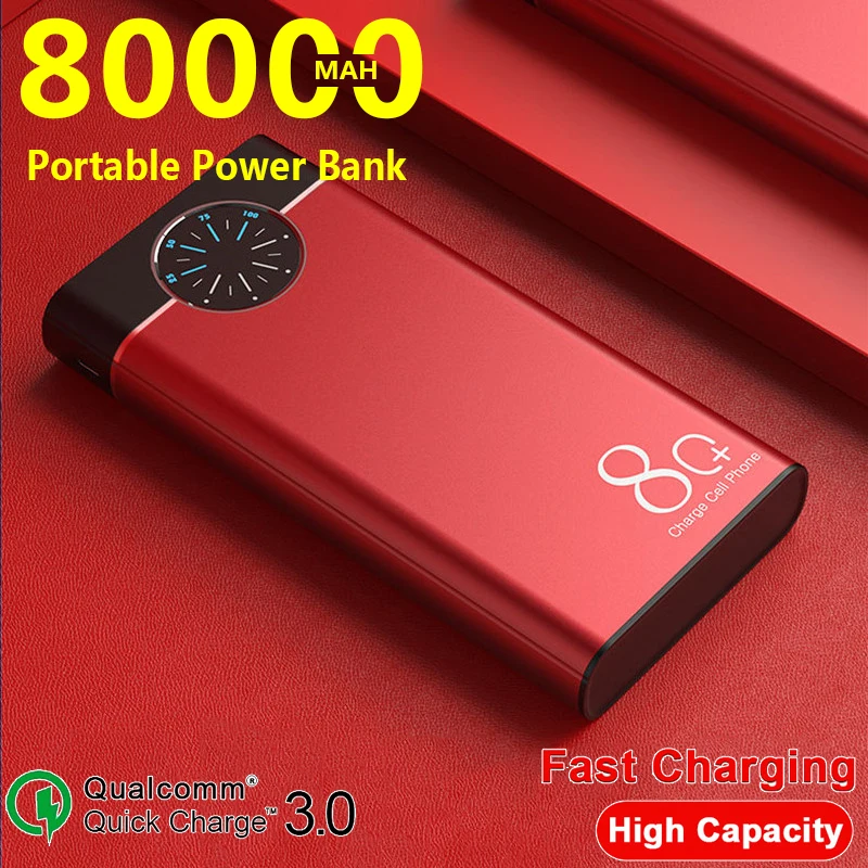 

Power Bank 80000mAh Portable Fast Charger Roulette Display Aluminum Alloy Shell with Dual Output Ports for Xiaomi Samsung Iphone
