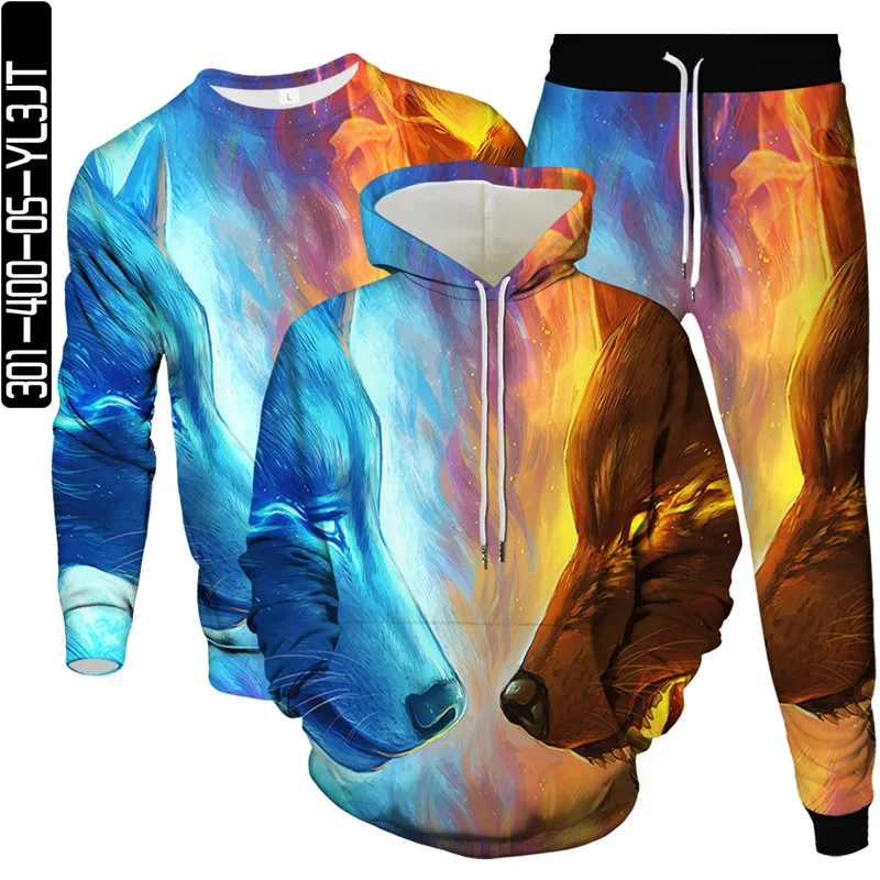 

Spring Autumn Men Fashion 3D Tracksuit Animal Wolf Blue Fire Printed Women Clothing Suit Hoodies Sweatshirt Pants 3Pcs Set S-6XL