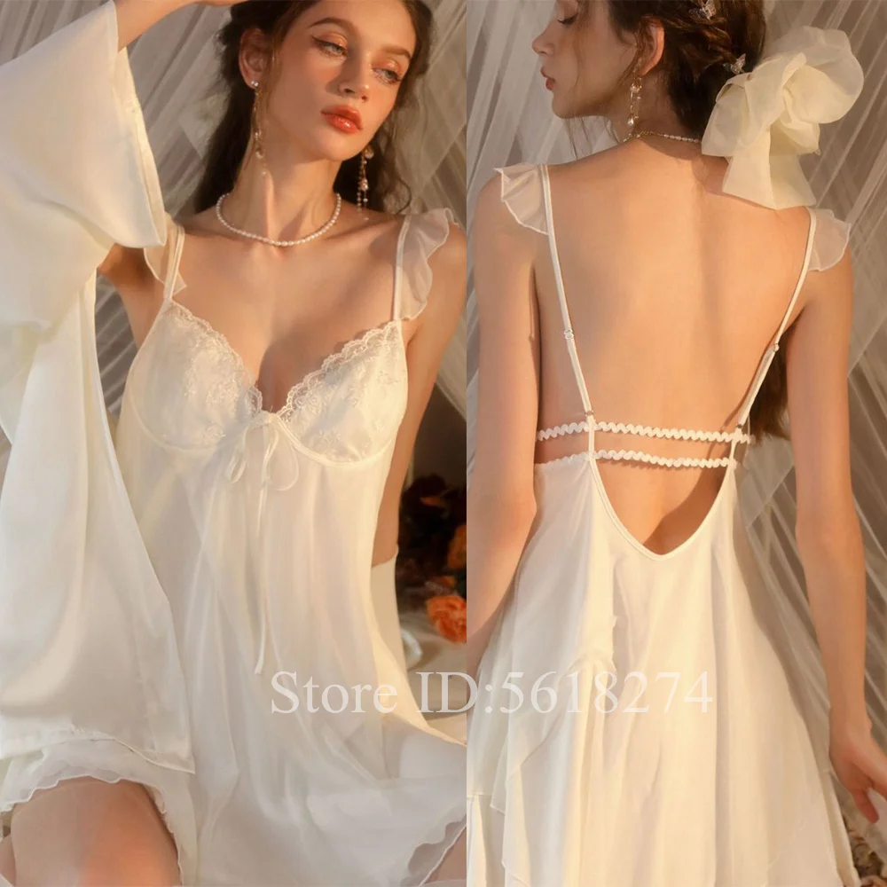 

Костюм женский атласный с открытой спиной, пикантная ночная рубашка с кружевной отделкой, свободная Пижама, белый комплект одежды для сна