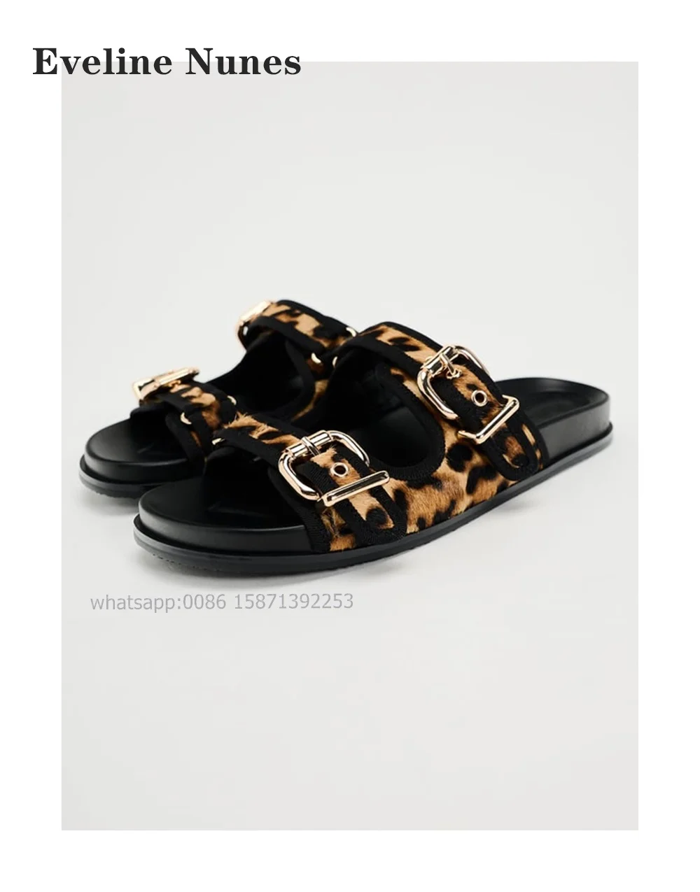 Leopard Mental Buckle Women Slides Open Toe Flat with Side Air Belt Buckle Modern Slippers Slip On Hollow Sandals Sand Summer