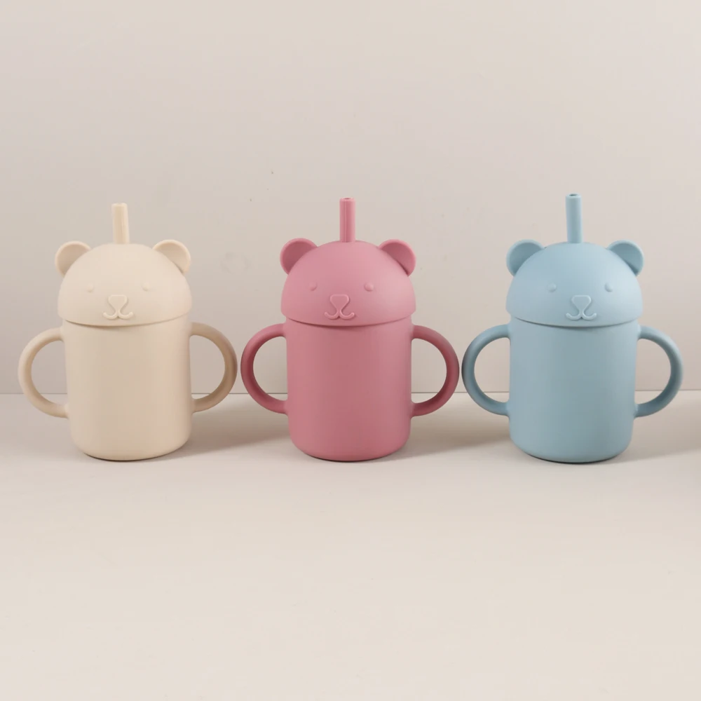 귀여운 곰 모양 밀짚컵, 250ML 스테인리스 스틸 라이너, 어린이용 뚜껑이 있는 이중벽 실리콘 텀블러, 용 컵