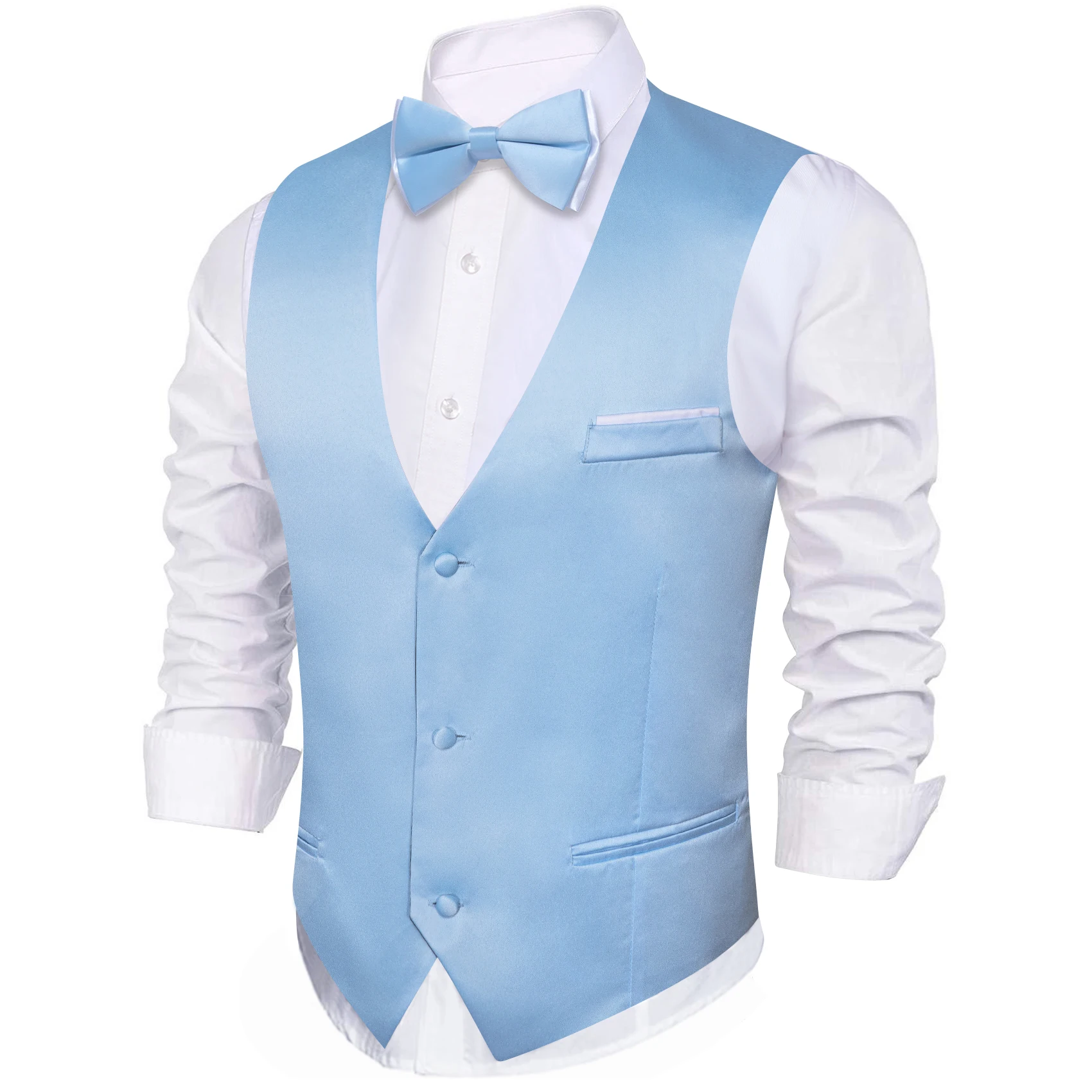 Luxury Vest for Men Sky Blue Solid Plain Silk Waistcoat Bowtie Set Wedding Party Formal Male Sleeveless Jacket Barry Wang