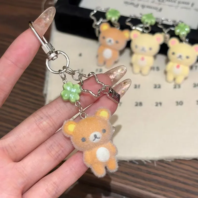 Rilakkuma Phone Chain Cute Flocking Little Bear Keychain Cartoon Resin Animals Charms Girl Keyring Cosplay Gift