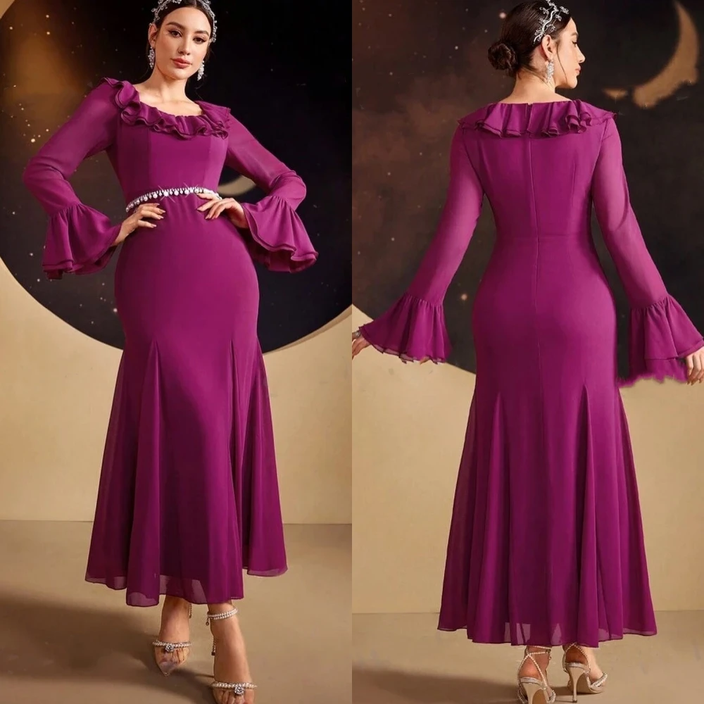 Jiayigong  Chiffon Sash Ruffle Prom Trumpet Scoop Neck Bespoke Occasion Gown Midi Dresses Saudi Arabia