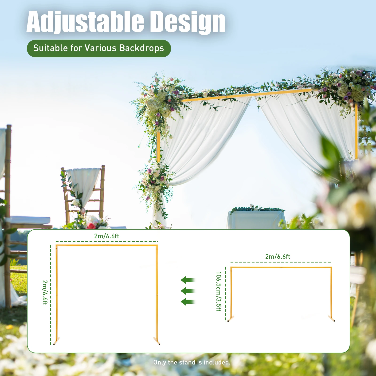 6.6 x 6.6 FT Heavy Duty Wedding Arch Square Metal Backdrop Stand Adjustable Height Bases for Outdoor Party Event Decoration